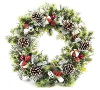 Large Artificial Plastic Christmas Winter Wreath with Holly, Pine Cones, Candy Cane, Twigs, Baubles Red White Gift Candle Ring Table Xmas Grave