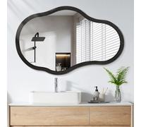 Large Asymmetrical Wall Mirror Irregular Wood Frame Modern Unique Wall-Mounted Artistic Wavy Mirror Decor Bathroom Vanity Bedroom Living Room Entryway Hallway Retro Black 26"x18"