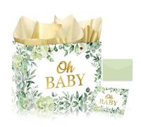 Large Baby Shower Paper Bag - Eucalyptus Oh Baby Gender Reveal Party Gift | Thick Paper, Reusable, Envelope Card Wrapping Paper, Reinforced Base, Foldable, Birthday Baby Shower Gender Reveal Packaging