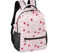 Large Backpack Minimalist Look Twill Weave Fabric Adjustable Shoulder, Flowers and Strawberry Kawaii-style Cute Pastel Aesthetic Pattern, M, Daypack