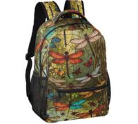 Large Backpack Minimalist Look Twill Weave Fabric Multi Pockets for Teens, Dragonflies Stained Glass Beads Pearl 3-d Colorful Floral, S, Daypack