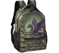Large Backpack Modern Style Peach Skin Lining Adjustable Shoulder Straps, Fantasy Wyrm in a Bookstore Art for Book Lovers and Fantasy Decor, M, Daypack