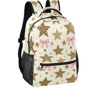 Large Backpack Modern Style Twill Weave Fabric 6 Compartments for Teens, Blush Bow Coquette Cheetah Star Pattern Leopard Stars, S, Daypack