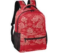 Large Backpack Modern Style Twill Weave Fabric Multi Pockets for Boys Girls, Asian Japanese Chinese Lucky Rich Red Yellow Wyrm God, M, Daypack