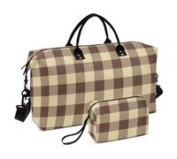 Large Bag Weekender Overnight Bag Buffalo Plaid Brown Yellow Tote Bag with Adjustable Strap for Hiking Foldable, Buffalo Plaid Check Tartan Scotland Brown Yellow, Set Of 2, Art Deco