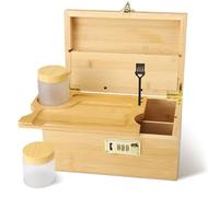 Large Bamboo Storage Organiser with Lock, Rolling Box Gift Set, 2 Airtight Glass Containers & Brush - Multi-Use Home Accessories Box for Collectibles, Coffee Beans & More