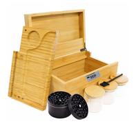 Large Bamboo Wooden Stash Box with combination Lock, Rolling Tray and Glass Storage Jars and Grinder - Wood Storage Rolling Set with Lock and Smoking Accessories Kit