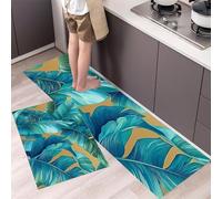 Large Banana Leaves Kitchen Rug Set 2 Pieces, Non-Slip and Washable Kitchen Runner Mat Tropical Style Standing Mats for Hallway, Dining Room and Entryway - 40x60cm+40x120cm, Blue-Green