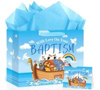 Large Baptism Gift Bags for Boys,Blue Religious Christian Birthday Gift Bag with Greeting Card and Tissue Paper for Baby Boy First Communions Christenings (Baptism)