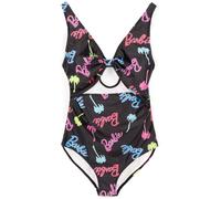 Barbie Womens Swimsuit | Multicoloured All in One Swimming Costume for Ladies | Black Pink Blue Green Palm Tree Doll Classic Logo | Front Knot Two Straps Cossie | Swimwear Merchandise Gift for Adults
