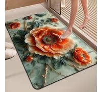 Large Bath Mat 60 X 90 Orange Flowers Diatom Mud Bathroom Shower Floor Mats, Absorbent Bath Mat,Quick Dry Baths Mats Non Slip Washable,For Bedroom,Kitchen,Toilet, Door,Washing Table