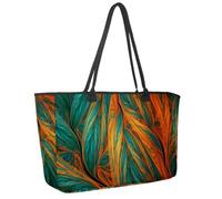Large Beach Bag for Women, Abstract Colorful Green and Orange Tropical Leaves Travel Tote with Pockets Waterproof Shoulder Handbag