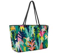 Large Beach Bag for Women, Abstract Jungle Flowers Travel Tote with Pockets Waterproof Shoulder Handbag