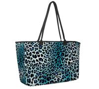 Large Beach Bag for Women, Amazing Blue Bright Leopard Print Travel Tote with Pockets Waterproof Shoulder Handbag