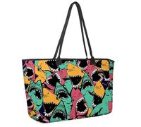 Large Beach Bag for Women, Angry Shark Sea Life Pattern Travel Tote with Pockets Waterproof Shoulder Handbag