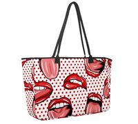Large Beach Bag for Women, Art Red Mouth Lip Tongue Dot Pattern Travel Tote with Pockets Waterproof Shoulder Handbag