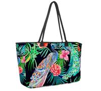 Large Beach Bag for Women, Beautiful Tropical Peacock Plants Pattern Travel Tote with Pockets Waterproof Shoulder Handbag