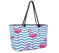 Large Beach Bag for Women, Beautiful Tropical Pink Flamingos Geometric Stripe Pattern Travel Tote with Pockets Waterproof Shoulder Handbag