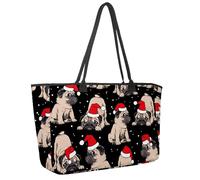 Large Beach Bag for Women, Beige Puppies Pugs Santa's Red Cap Snow Night Travel Tote with Pockets Waterproof Shoulder Handbag
