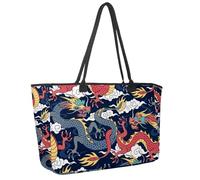 Large Beach Bag for Women, Blue and Red Dragons Fighting in the Clouds Travel Tote with Pockets Waterproof Shoulder Handbag