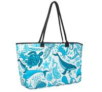 Large Beach Bag for Women, Blue Underwater Sea Life Boundless Travel Tote with Pockets Waterproof Shoulder Handbag