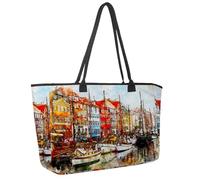 Large Beach Bag for Women, Boats Ship Harbor Art Watercolor Travel Tote with Pockets Waterproof Shoulder Handbag