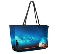 Large Beach Bag for Women, Boy Pulled Big Bulb Half Buried Ground Night Sky Stars Space Dust Travel Tote with Pockets Waterproof Shoulder Handbag