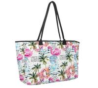 Large Beach Bag for Women, Cartoon Flamingo Pool Float Donut Palm Trees Pattern Travel Tote with Pockets Waterproof Shoulder Handbag