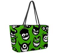 Large Beach Bag for Women, Cartoon Funny Colourful Eomji Monster Green Patterns Travel Tote with Pockets Waterproof Shoulder Handbag