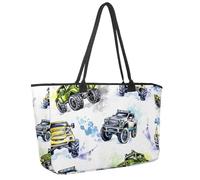 Large Beach Bag for Women, Cartoon Monster Trucks Travel Tote with Pockets Waterproof Shoulder Handbag