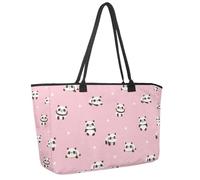 Large Beach Bag for Women, Cartoon Panda Stars Pastel Pink Pattern Travel Tote with Pockets Waterproof Shoulder Handbag