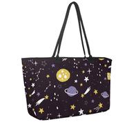 Large Beach Bag for Women, Cartoon Planets Stars and Comets Travel Tote with Pockets Waterproof Shoulder Handbag