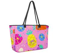 Large Beach Bag for Women, Cartoon Punchy Pastel Fruits in Glasses Pink Pattern Travel Tote with Pockets Waterproof Shoulder Handbag
