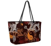 Large Beach Bag for Women, Chinese Element Tai Chi Dragon Travel Tote with Pockets Waterproof Shoulder Handbag