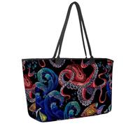 Large Beach Bag for Women, Classical Octopus Sea Wave and Tropical Fishes Pattern Travel Tote with Pockets Waterproof Shoulder Handbag