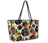 Large Beach Bag for Women, Colorful Fish Sea Animal Pattern Travel Tote with Pockets Waterproof Shoulder Handbag