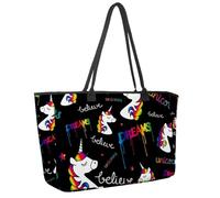 Large Beach Bag for Women, Colorful Unicorns Dreams Magical Pattern Travel Tote with Pockets Waterproof Shoulder Handbag