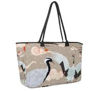 Large Beach Bag for Women, Cranes and Snowfall at Sunset Travel Tote with Pockets Waterproof Shoulder Handbag