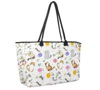 Large Beach Bag for Women, Cute Cartoon Cat Ball of Yarn Flowers Pattern Travel Tote with Pockets Waterproof Shoulder Handbag