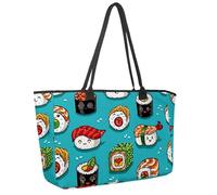 Large Beach Bag for Women, Cute Cartoon Rolls and Sushi in Kawaii Japanese Food Travel Tote with Pockets Waterproof Shoulder Handbag