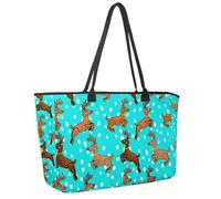 Large Beach Bag for Women, Cute Christmas Animal Seer and Snowflakes Pattern Travel Tote with Pockets Waterproof Shoulder Handbag
