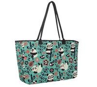 Large Beach Bag for Women, Cute Panda Bamboo Plants Jungle Bird Berry Flowers Pattern Travel Tote with Pockets Waterproof Shoulder Handbag