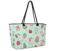 Large Beach Bag for Women, Cute Pastel Foods Cupcake Patches Heart Pattern Travel Tote with Pockets Waterproof Shoulder Handbag