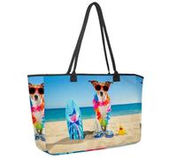 Large Beach Bag for Women, Dog with Surfboard Travel Tote with Pockets Waterproof Shoulder Handbag