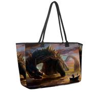 Large Beach Bag for Women, Dragon Monster Battle Travel Tote with Pockets Waterproof Shoulder Handbag