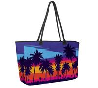 Large Beach Bag for Women, Evening on the Beach with Palm Trees Travel Tote with Pockets Waterproof Shoulder Handbag