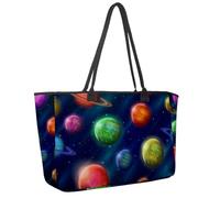 Large Beach Bag for Women, Fantastic Space Planets Moons Pattern Travel Tote with Pockets Waterproof Shoulder Handbag