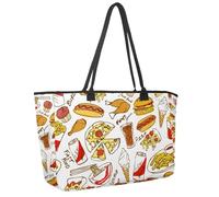 Large Beach Bag for Women, Fast Food Pizza Hamburg Hot Dog Pattern Travel Tote with Pockets Waterproof Shoulder Handbag