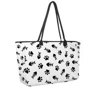 Large Beach Bag for Women, Fishbone Animal Paw Dog Cat Footprint Pattern Travel Tote with Pockets Waterproof Shoulder Handbag