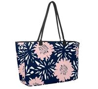 Large Beach Bag for Women, Flowers in Blue and Pastel Pink Pattern Travel Tote with Pockets Waterproof Shoulder Handbag